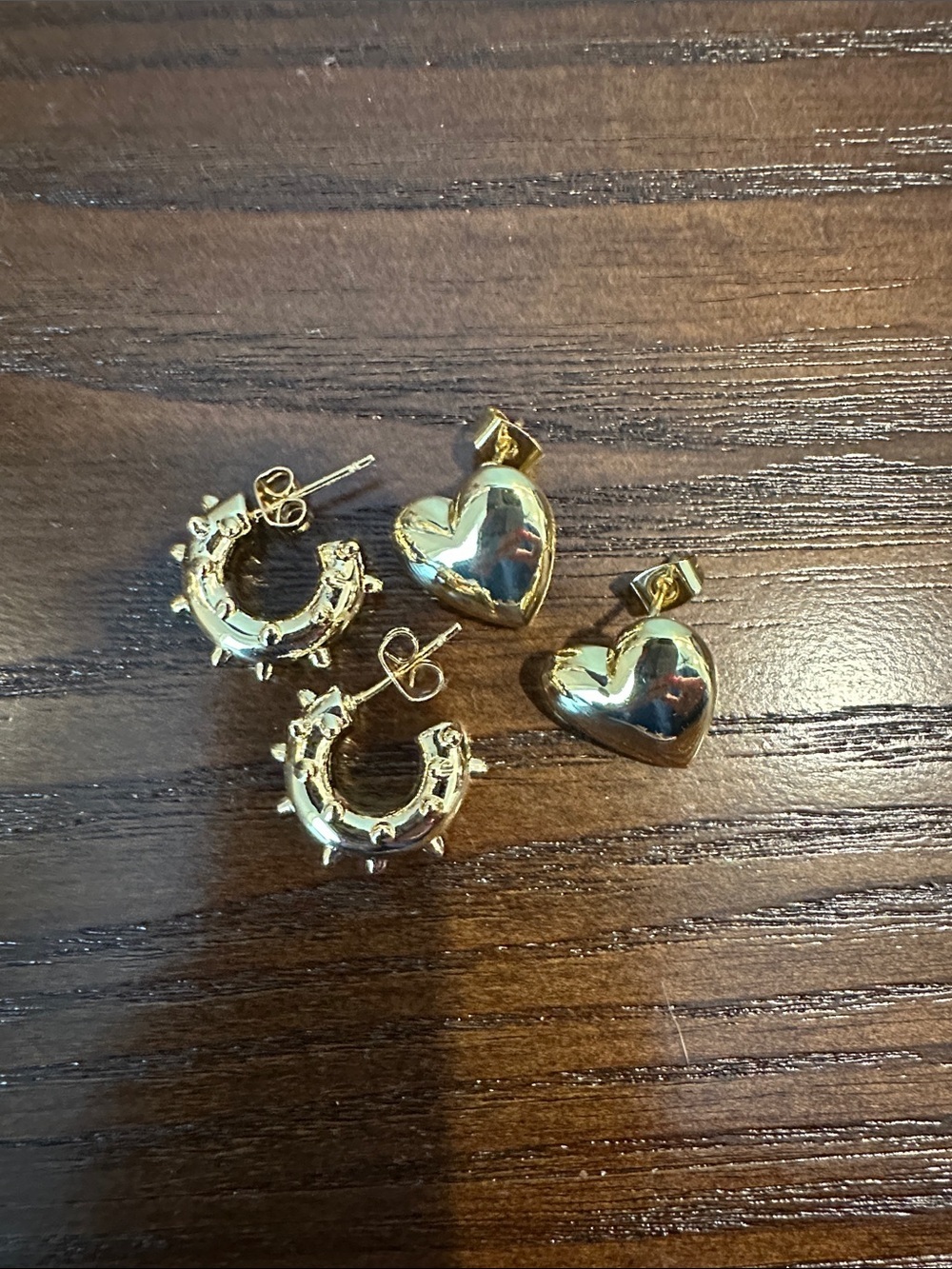 Gold Heart Drop Earrings & Gold Spiked Hoop Studs Bundle- Women Jewelry
